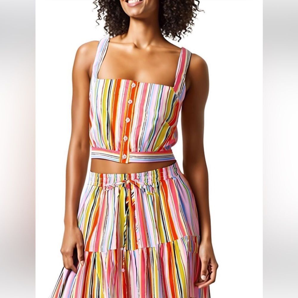 NWOT Aqua Multi Color Stripe Button Crop Top
